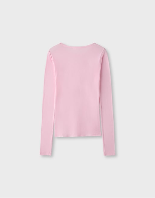 Stradivarius t-shirt à manches longues 100 % coton rose saumon, 7 de 7