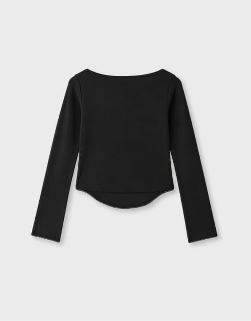 Stradivarius T-shirt à manches longues à encolure bateau noir, 6 de 6