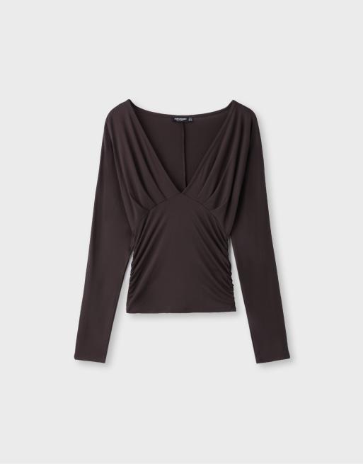 Stradivarius t-shirt à manches longues col V marron, 6 de 7