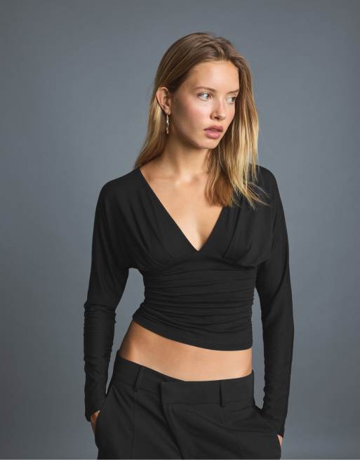 Stradivarius t-shirt à manches longues col V noir, 2 de 7