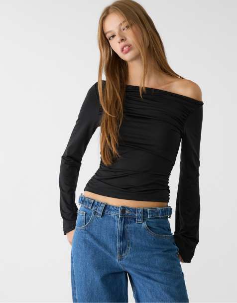 Stradivarius - T-shirt à manches longues et détails froncés - Noir - view 1