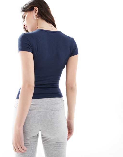 Stradivarius - T-shirt a maniche corte blu navy a coste, 4 di 4