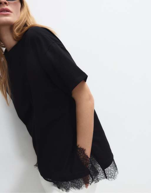 Stradivarius - T-shirt a maniche corte nera con fondo in pizzo, 3 di 4
