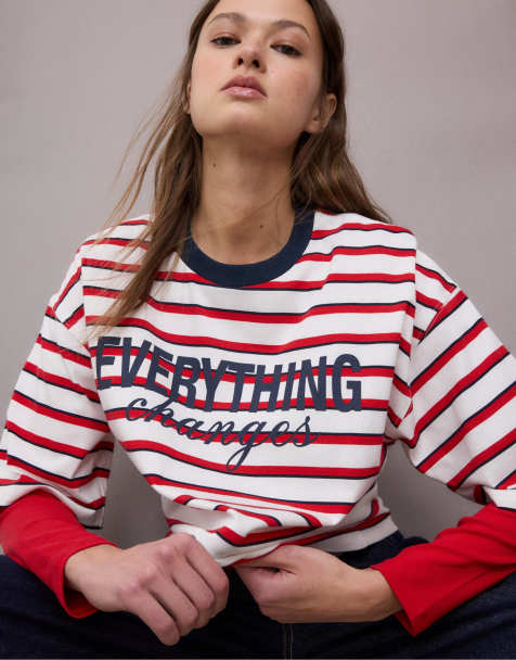 Stradivarius - T-shirt a maniche corte rossa a righe con stampa - view 1