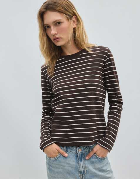Stradivarius T-shirt a maniche lunghe a righe marrone - view 1