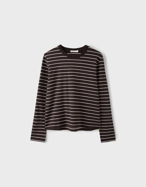 Stradivarius T-shirt a maniche lunghe a righe marrone, 6 di 7