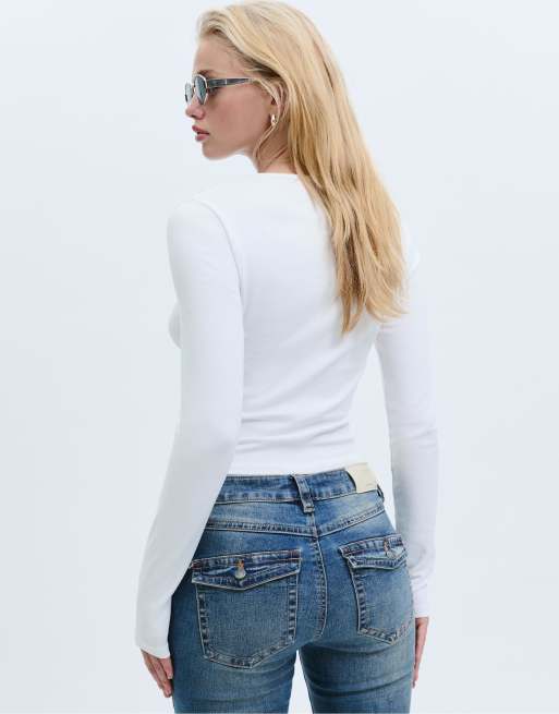 Stradivarius - T-shirt a maniche lunghe basic bianca in cotone, 4 di 4