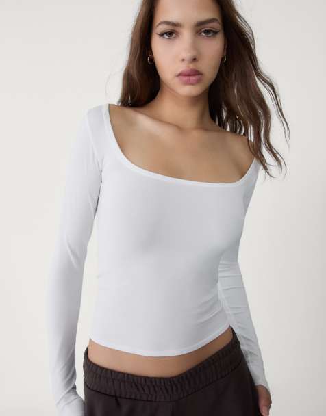 Stradivarius - T-shirt a maniche lunghe bianca senza cuciture con scollo squadrato - view 1