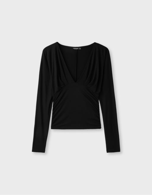 Stradivarius T-shirt a maniche lunghe con scollo a V nera, 6 di 7