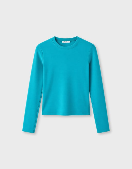 Stradivarius T-shirt a maniche lunghe girocollo in turchese, 6 di 7