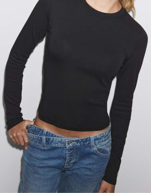 Stradivarius T-shirt a maniche lunghe girocollo nera, 4 di 7