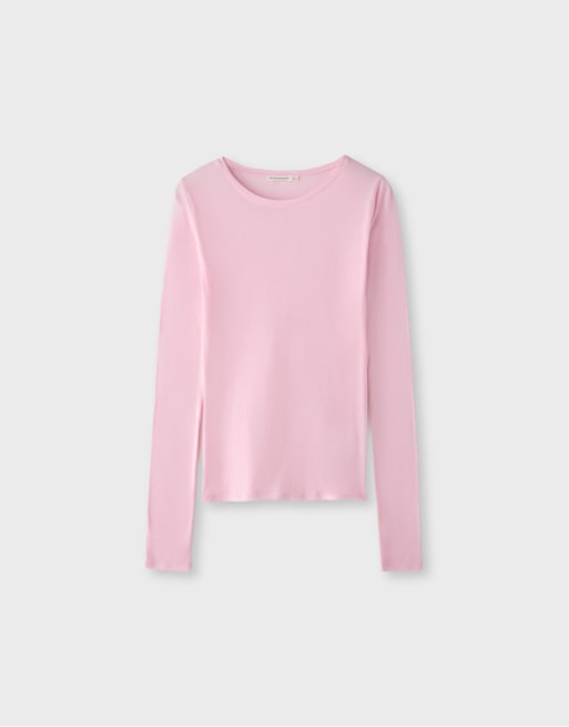 Stradivarius T-shirt a maniche lunghe in 100% cotone rosa salmone, 6 di 7