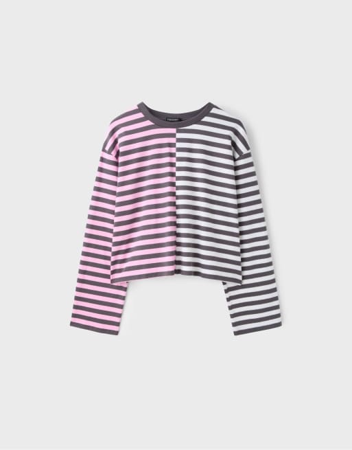 Stradivarius T-shirt a maniche lunghe multirighe rosa e grigio, 5 di 6