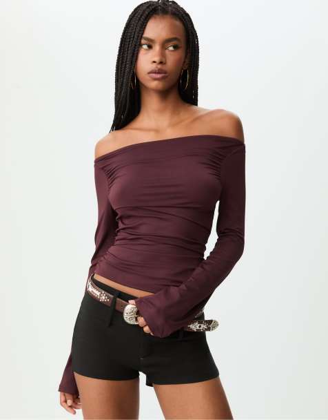 Stradivarius - T-shirt a maniche lunghe rosso scuro con dettaglio raccolto - view 1