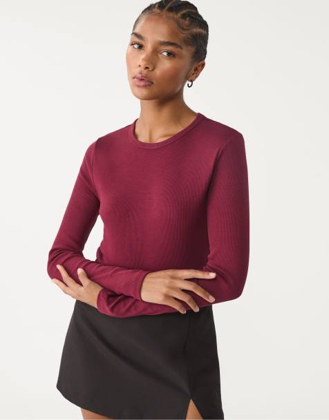 Stradivarius - T-shirt a maniche lunghe viola a coste - view 1