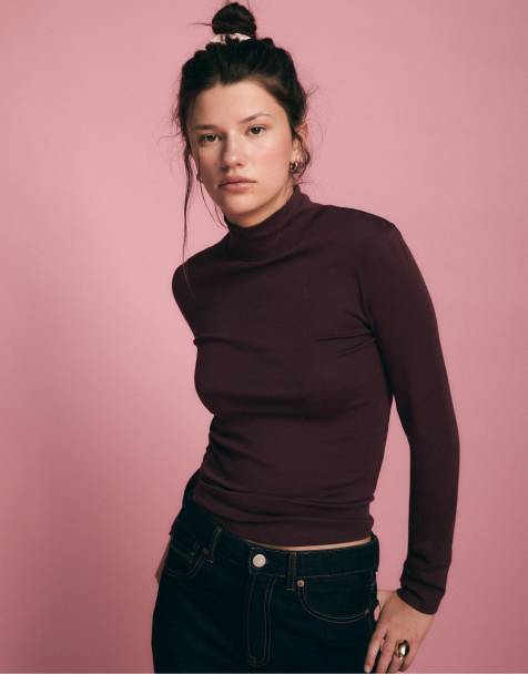 Stradivarius - T-shirt accollata basic color melanzana - view 1