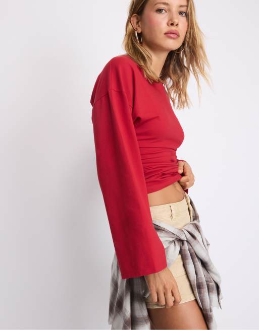 Stradivarius T-shirt aderente a maniche lunghe in rosso scuro, 2 di 7
