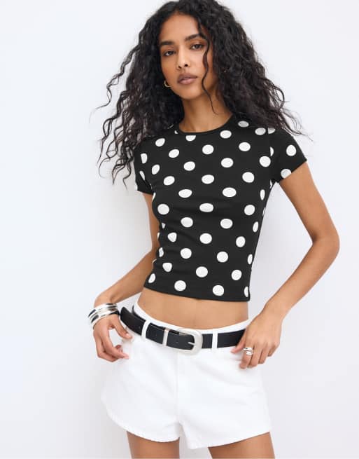 Stradivarius - T-shirt ajusté à pois - Noir, 2 de 4