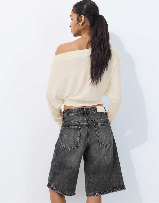 Stradivarius - T-shirt asimmetrica écru in modal, 3 di 7