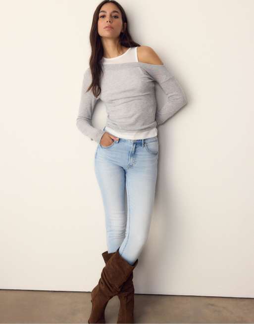 Stradivarius - T-shirt asimmetrica grigio mélange effetto doppio strato, 2 di 4