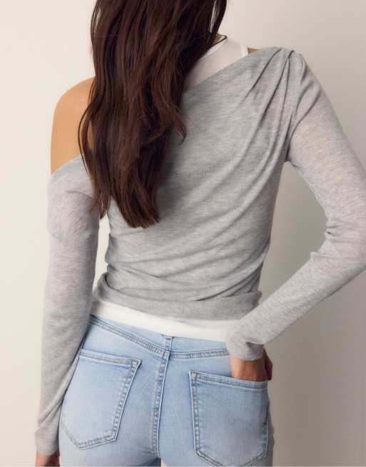 Stradivarius - T-shirt asimmetrica grigio mélange effetto doppio strato, 3 di 4