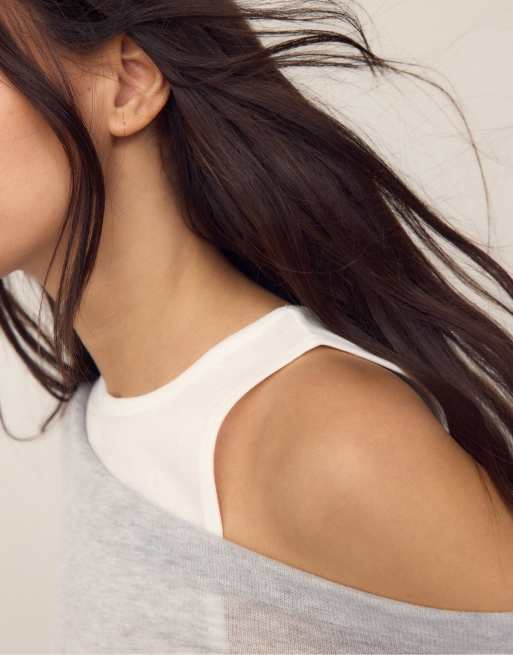 Stradivarius - T-shirt asimmetrica grigio mélange effetto doppio strato, 4 di 4