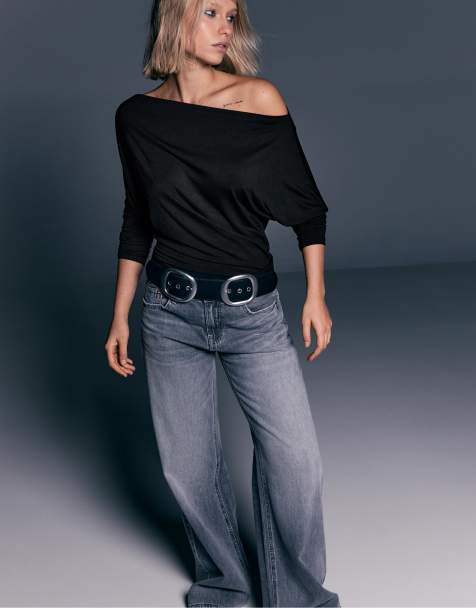 Stradivarius - T-shirt asimmetrica nera in modal - view 1