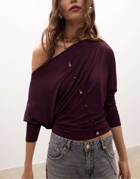 Stradivarius - T-shirt asimmetrica viola in modal - view 1