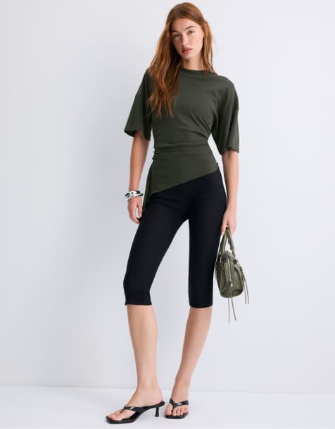 Stradivarius t-shirt asymétrique à manches courtes kaki - view 1