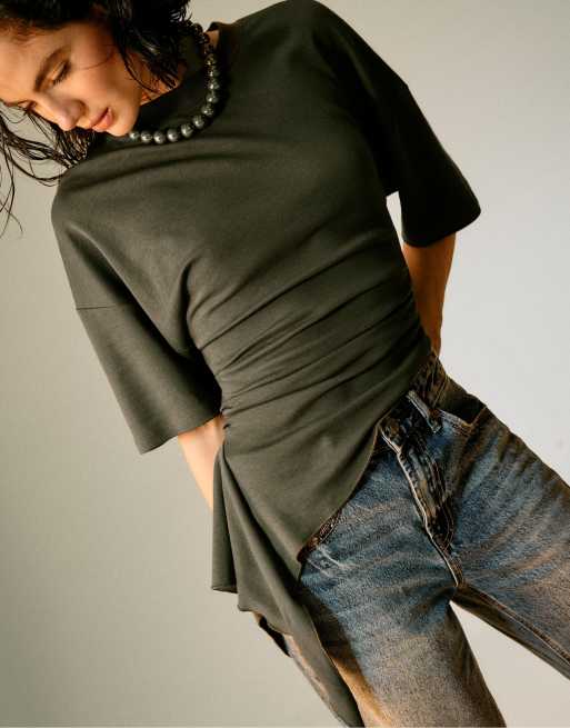 Stradivarius t-shirt asymétrique à manches courtes kaki, 2 de 7