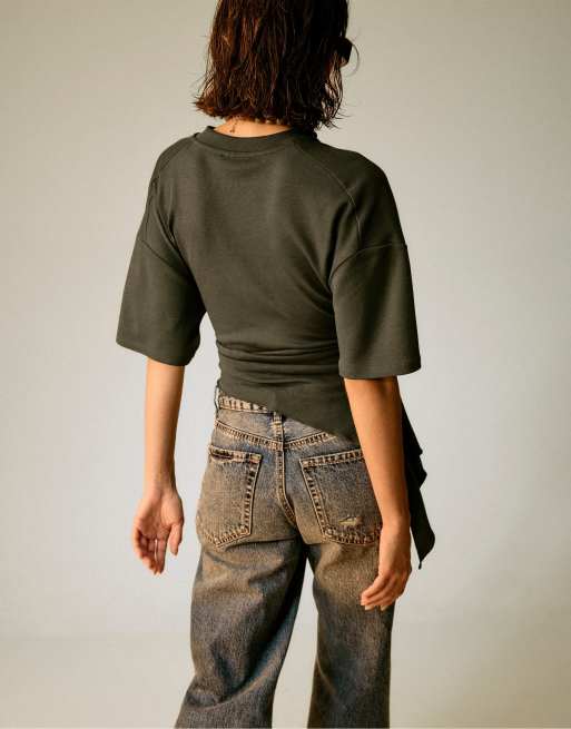 Stradivarius t-shirt asymétrique à manches courtes kaki, 3 de 7
