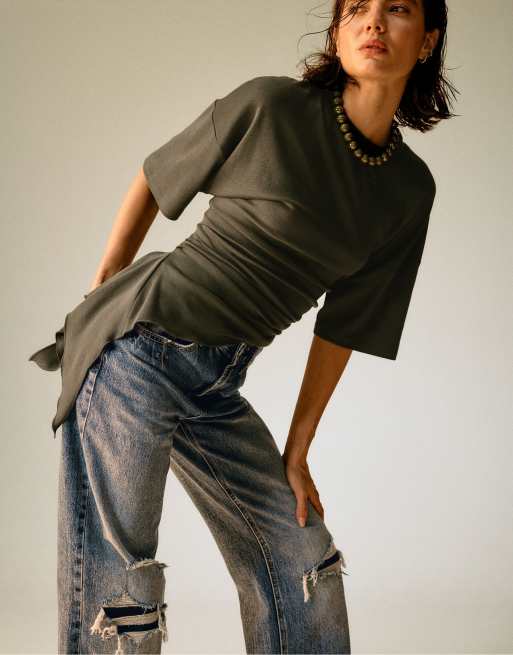 Stradivarius t-shirt asymétrique à manches courtes kaki, 5 de 7