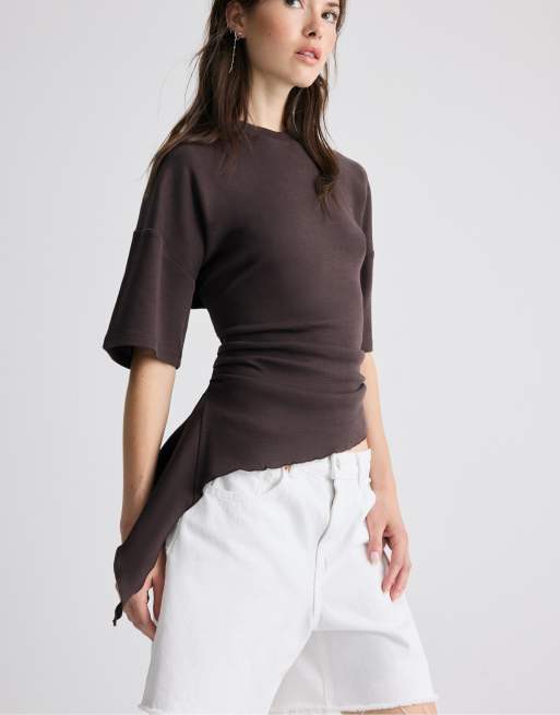 Stradivarius t-shirt asymétrique à manches courtes marron, 5 de 7