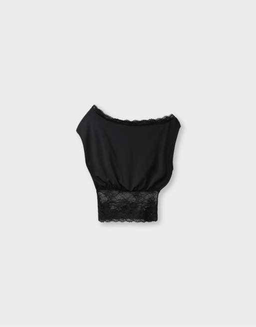 Stradivarius t-shirt asymétrique en dentelle noir, 6 de 7