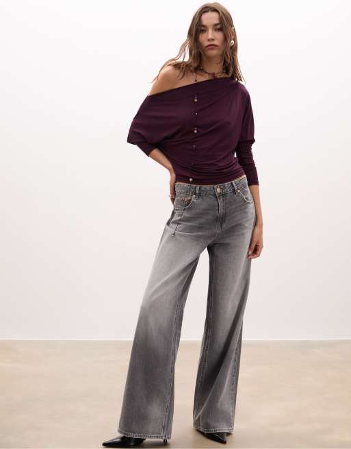 Stradivarius - T-shirt asymétrique en modal - Violet, 3 de 4