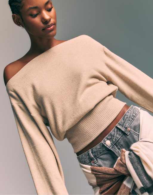 Stradivarius - T-shirt avec encolure bateau et ceinture - Taupe, 3 de 4
