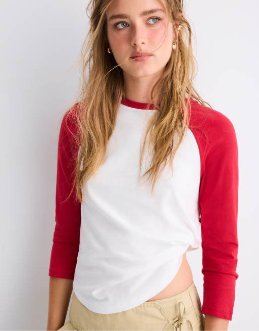 Stradivarius t-shirt baseball à manches 3/4 rouge, 2 de 7