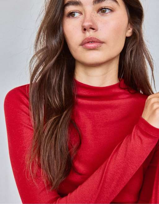 Stradivarius t-shirt basic à col cheminée rouge foncé, 4 de 7