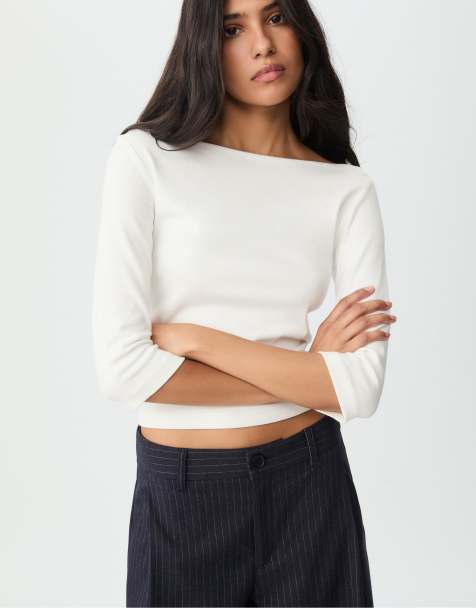 Stradivarius - T-shirt basic écru con scollo a barchetta - view 1