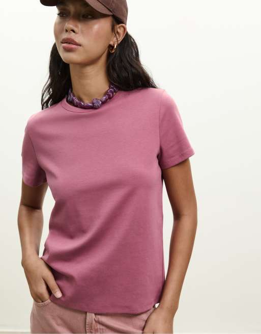 Stradivarius - T-shirt basic regular fit color malva morbida al tatto