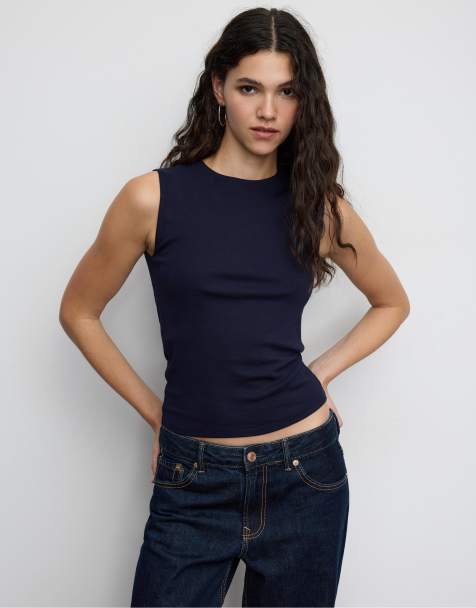 Stradivarius - T-shirt basic senza maniche blu navy - view 1