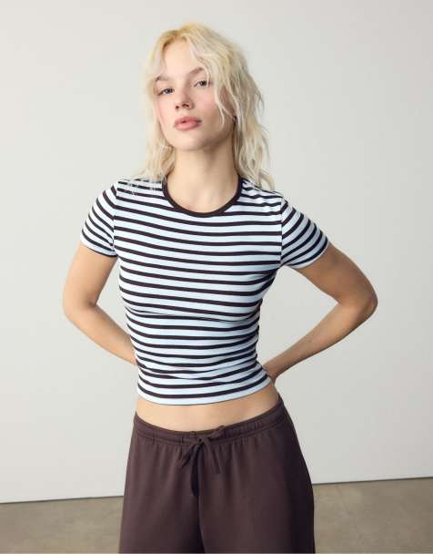 Stradivarius - T-shirt basic slim blu reale a righe - view 1