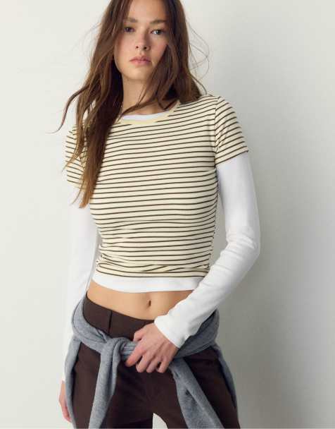 Stradivarius - T-shirt basic slim giallo pastello a righe - view 1