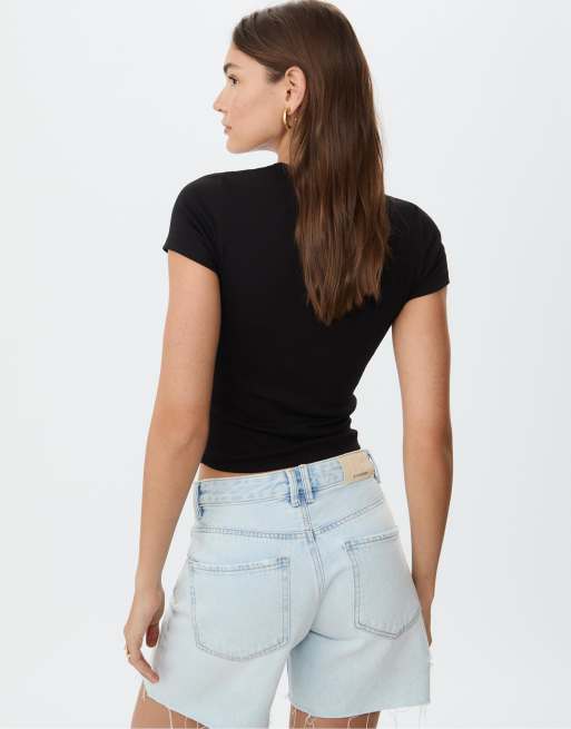 Stradivarius - T-shirt basic slim nera, 4 di 4