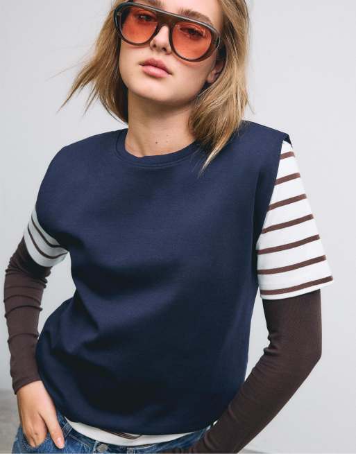 Stradivarius - T-shirt basique à épaulettes - Bleu foncé, 3 de 4