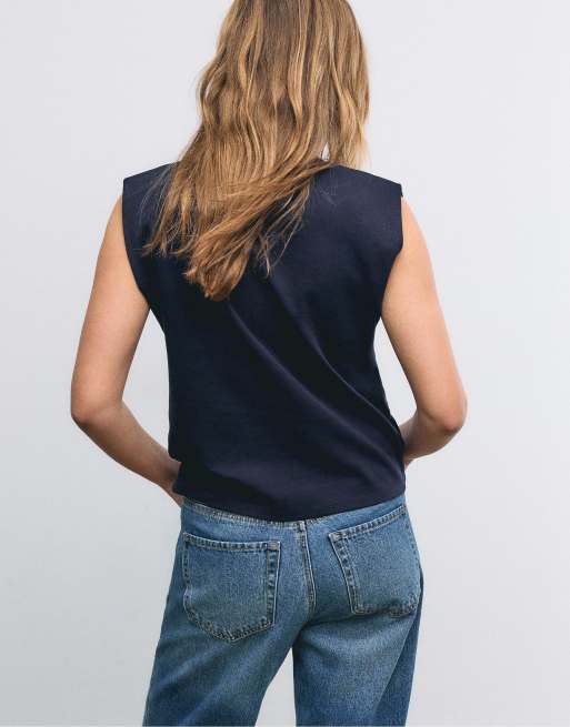 Stradivarius - T-shirt basique à épaulettes - Bleu foncé, 4 de 4
