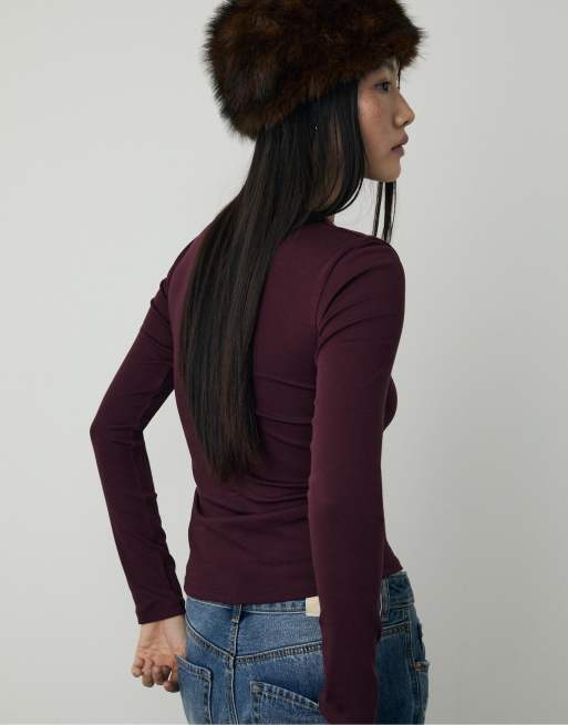 Stradivarius - T-shirt basique à manches longues - Aubergine, 4 de 4