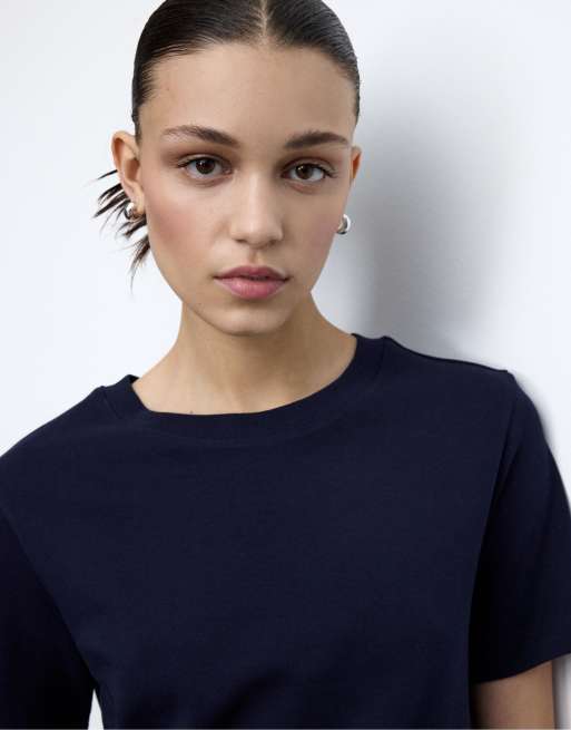 Stradivarius - T-shirt basique coupe classique en tissu épais - Bleu foncé, 3 de 4