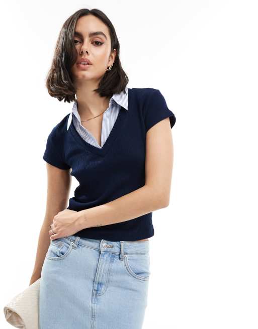 Stradivarius - T-shirt blu navy a strati con colletto