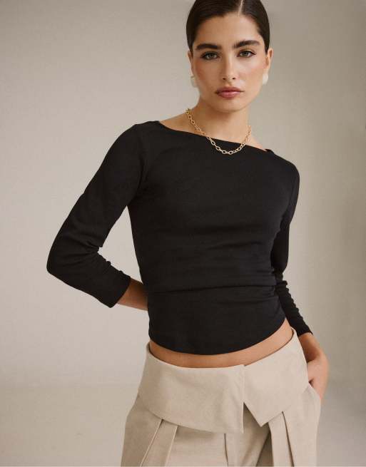 Stradivarius t-shirt col bateau à manches 3/4 noir, 2 de 7